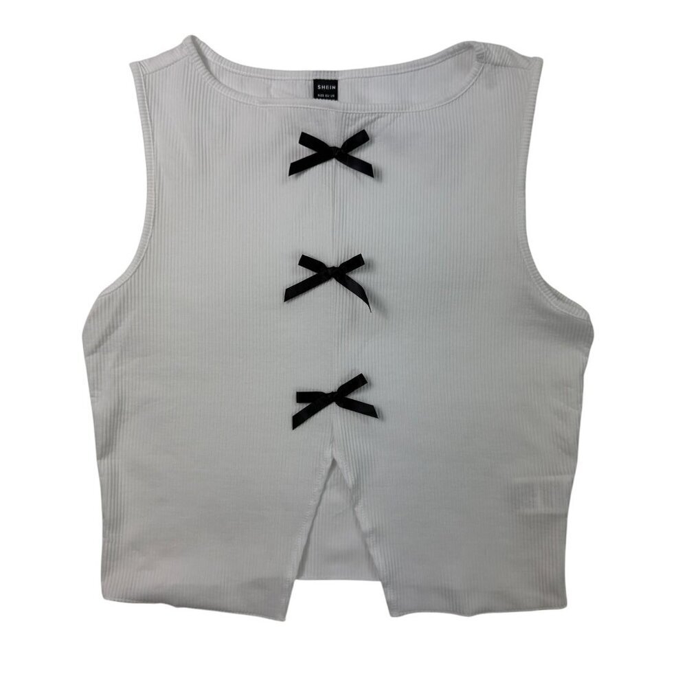 White Ribbed Sleeveless Bow-Front Tank Top Size L